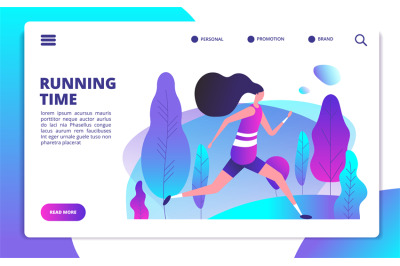 Fitness landing page. Sporty girl running in summer park. Healthy peop