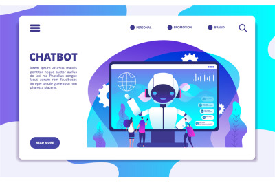 Chatbot landing page. Ai robot chatting with woman and man. Artificial