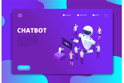 Chatbot isometric concept. Bot chatting with people. Artificial intell