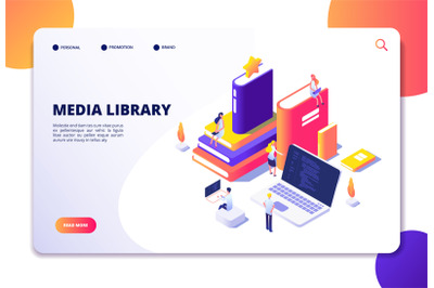 Online library isometric concept. People in bibliotheque, books laptop