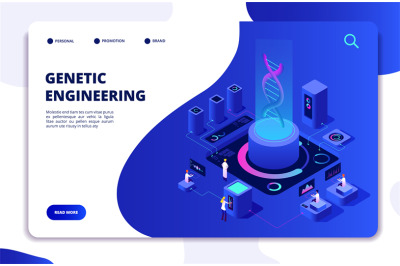 DNA isometric concept. Genetic engineering lab with people scientists.