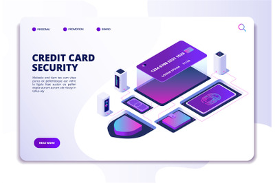 Credit card security isometric concept. Safety money online bank trans