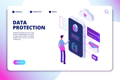 Data protection isometric concept. Personal identity, protected docume