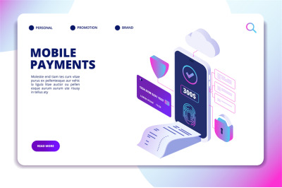 Mobile payments isometric concept. Online secure payment smartphone ap