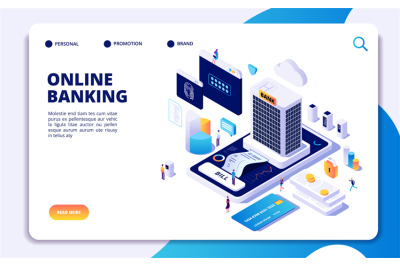 Online banking isometric landing page. Internet money transfers, secur