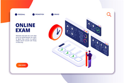Online exam isometric concept. Internet questionnaire, quiz applicatio