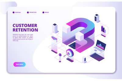 Customer retention isometric landing page. Client loyalty sale brandin