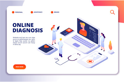 Medical isometric concept. Diagnosis with online patient and doctor, t