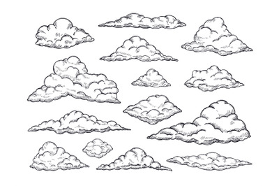 Sketch clouds. Hand drawn sky cloudscape. Outline sketching cloud vint