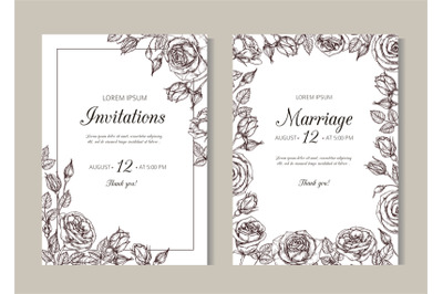 Roses weddding invitation. Hand drawn floral elegant vintage card with