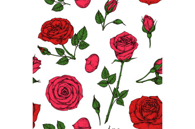 Roses pattern. Red blossom rose flowers bouquet. Floral seamless vecto