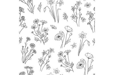 Wild flower pattern. Floral seamless wallpaper with wildflowers. Vinta