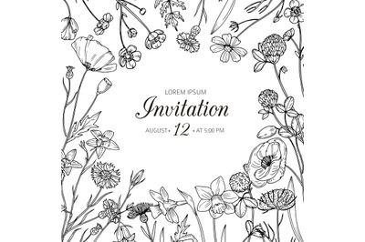 Wildflower background. Wedding invitation with summer wild meadow flow