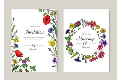 Wedding invitations. Greeting card with summer wild meadow flowers. Sp