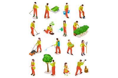 Isometric gardeners. Farmers work in garden. People in farming rural s