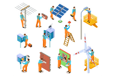 Electrician isometric set. Workers doing safety electric works. Electr