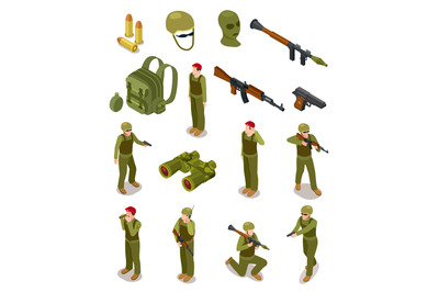 Isometric soldiers. Military special forces, warriors in army uniform,