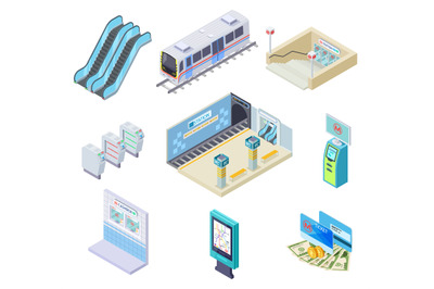 Isometric metro elements. Subway train, station platform and escalator