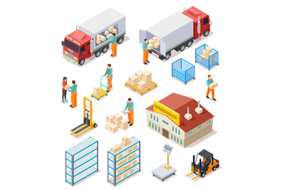 Delivery isometric. Logistic, distribution warehouse, truck with peopl