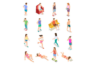 Isometric people in summer clothes. 3d human characters, teenagers in