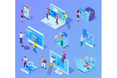 People and app interfaces isometric concept. Users and developers work