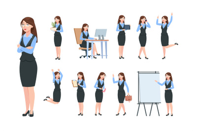 Businesswoman characters. Office professional woman, female in differe