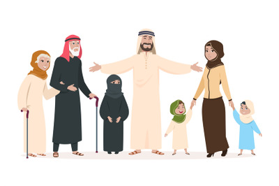 Arab family. Muslim mother and father, happy kids and elderly persons.