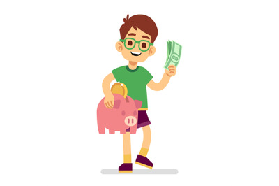 Boy saves money with piggy bank vector illustration