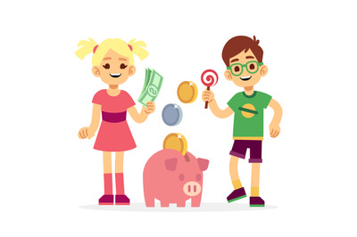 Financial literacy of children concept. Kids saving money with piggy b