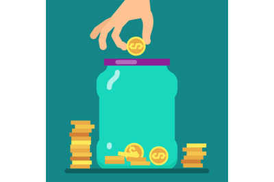 Flat money saving concept with golden coins and jar vector illustratio