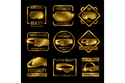 Golden virtual reality glasses and helmets label design