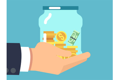 Jar with money in hand. Saving money flat vector concept