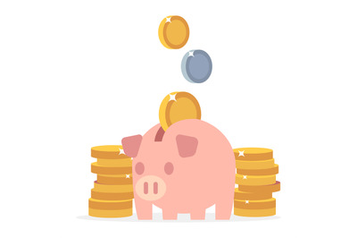 Piggy bank and coins. Flat saving money vector concept