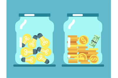 Saving money and ideas. Coins and lamps in glass jars vector illustrat