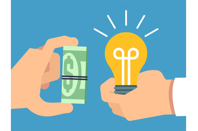 Selling ideas for money, creative thinking and money flat vector illus