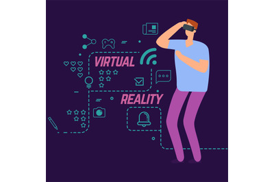 Virtual reality vector concept with line social icons and cartoon char