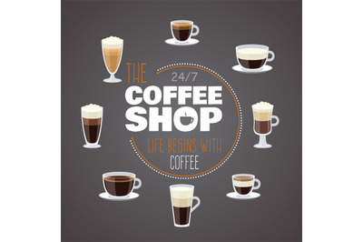 All day with coffee - coffee shop vector banner with cups with differe