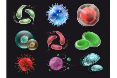 Bacteries and viruses vector set&2C; microbiology elements isolated on bl