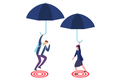 Businessman and businesswoman with umbrella aiming on target. Risky bu