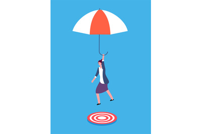 Businesswoman with umbrella aiming on target. Risky business, success