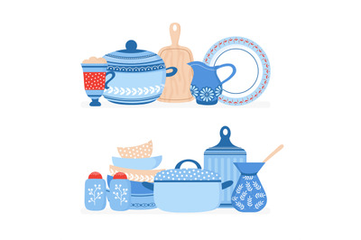 Cartoon cookware. Kitchen crockery, cooking tools vector isolated set