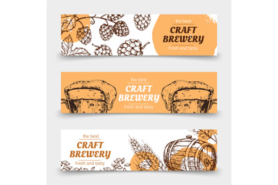 Doodle sketch brewery vintage vector banners with beer and hops