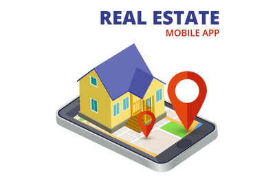 Isometric real estate mobile app with phone and 3d house vector