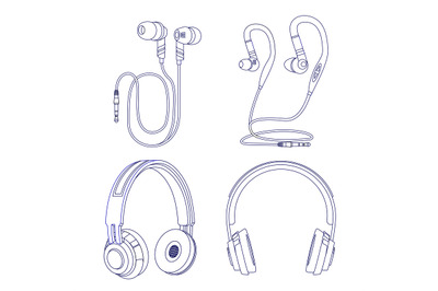 Line earphones and headphones isolated on white background