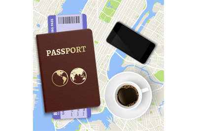 Travel vector concept. Top view coffee, map and passport with tickets