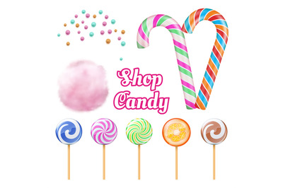 Vector realistic candies - cotton candie and lollipops isolated on whi