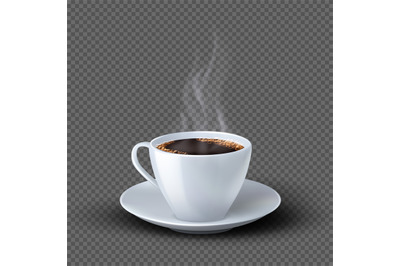 White realistic coffee cup with smoke isolated on transparent backgrou