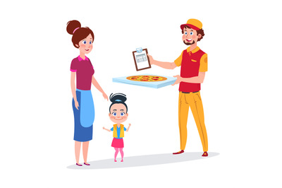 Baby girl and her mother rejoice pizza delivery vector illustration