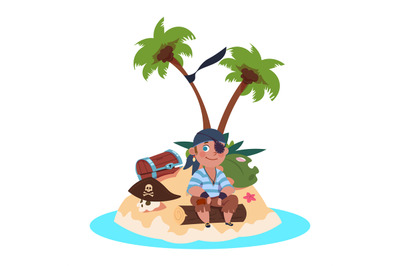 Boy pirate sits on treasure island - cartoon character vector illustra