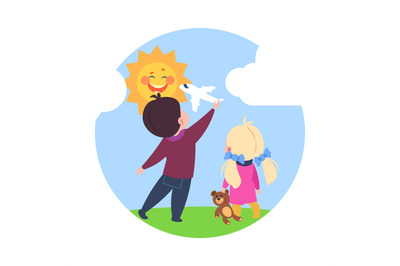 Cartoon character little dreamers, boy and girl playing outside vector